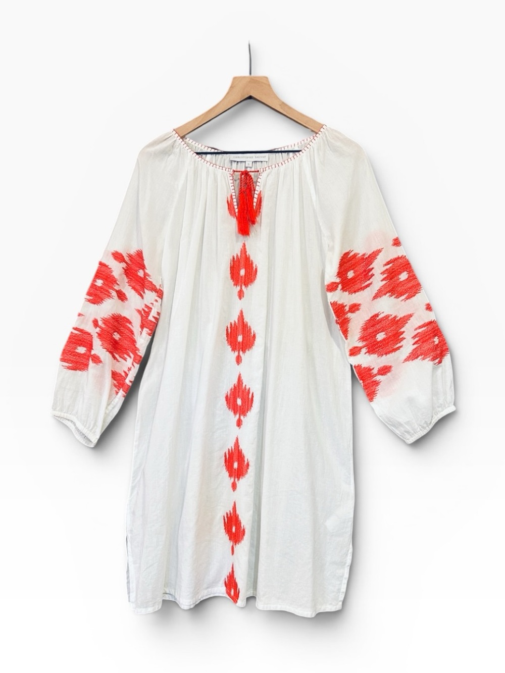 Christophe Sauvat White Cotton Embroidered Tassel Tie Loose Fit Dress Size Small